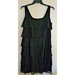 Patra Women's Cocktail Evening Dress Black Layered Ruffle Sequin Edge Size 16